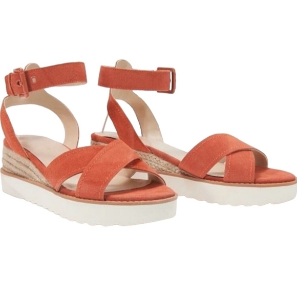 Marc Fisher NWOT Jovana Burnt Orange Suede Ankle Strap Wedge Sandals Size 8M - Picture 1 of 13